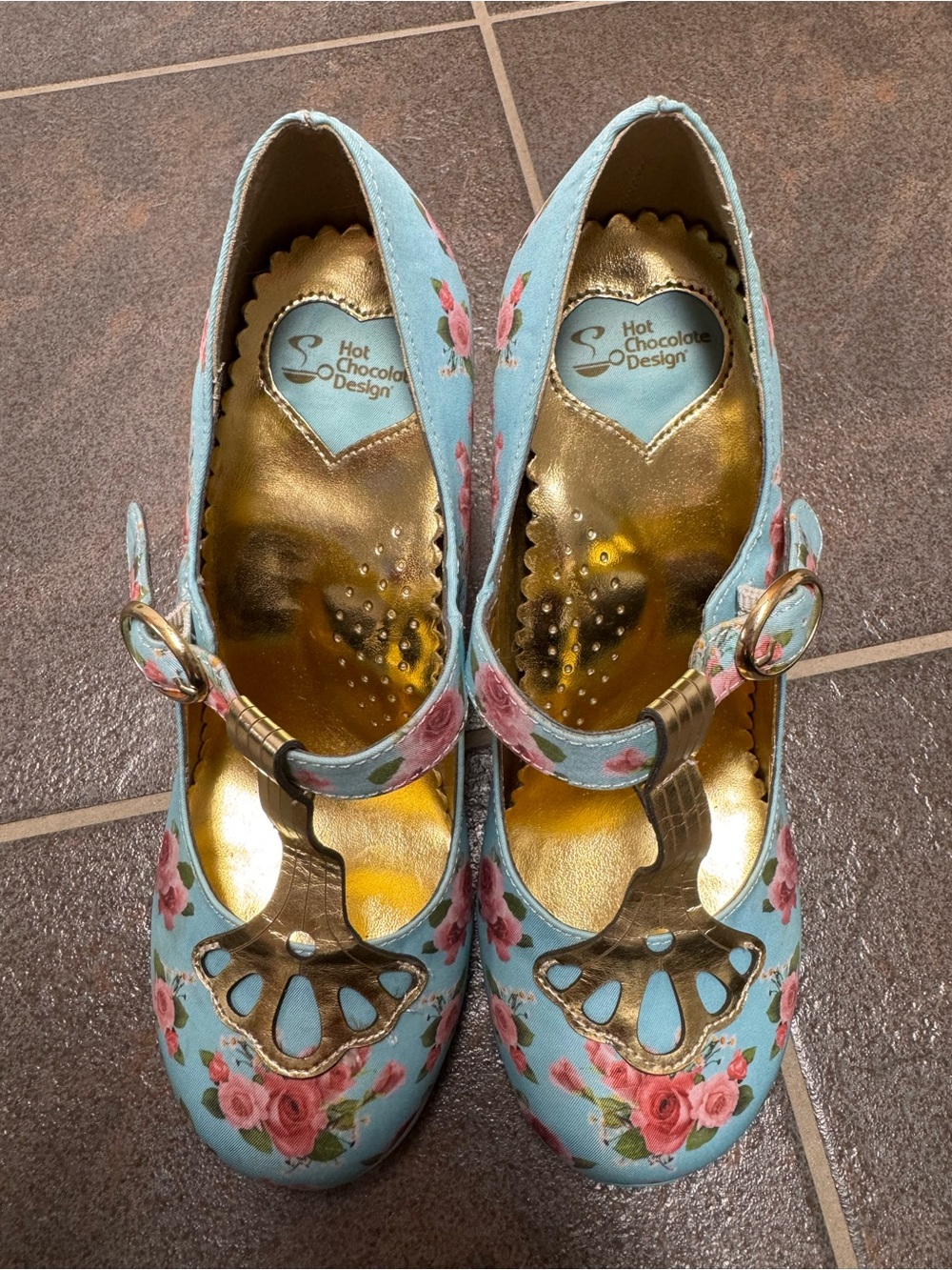 Hot Chocolate Emma Floral Roses Platforms Heels T-Bar Mary Janes Blue EU 37 - Picture 11 of 13
